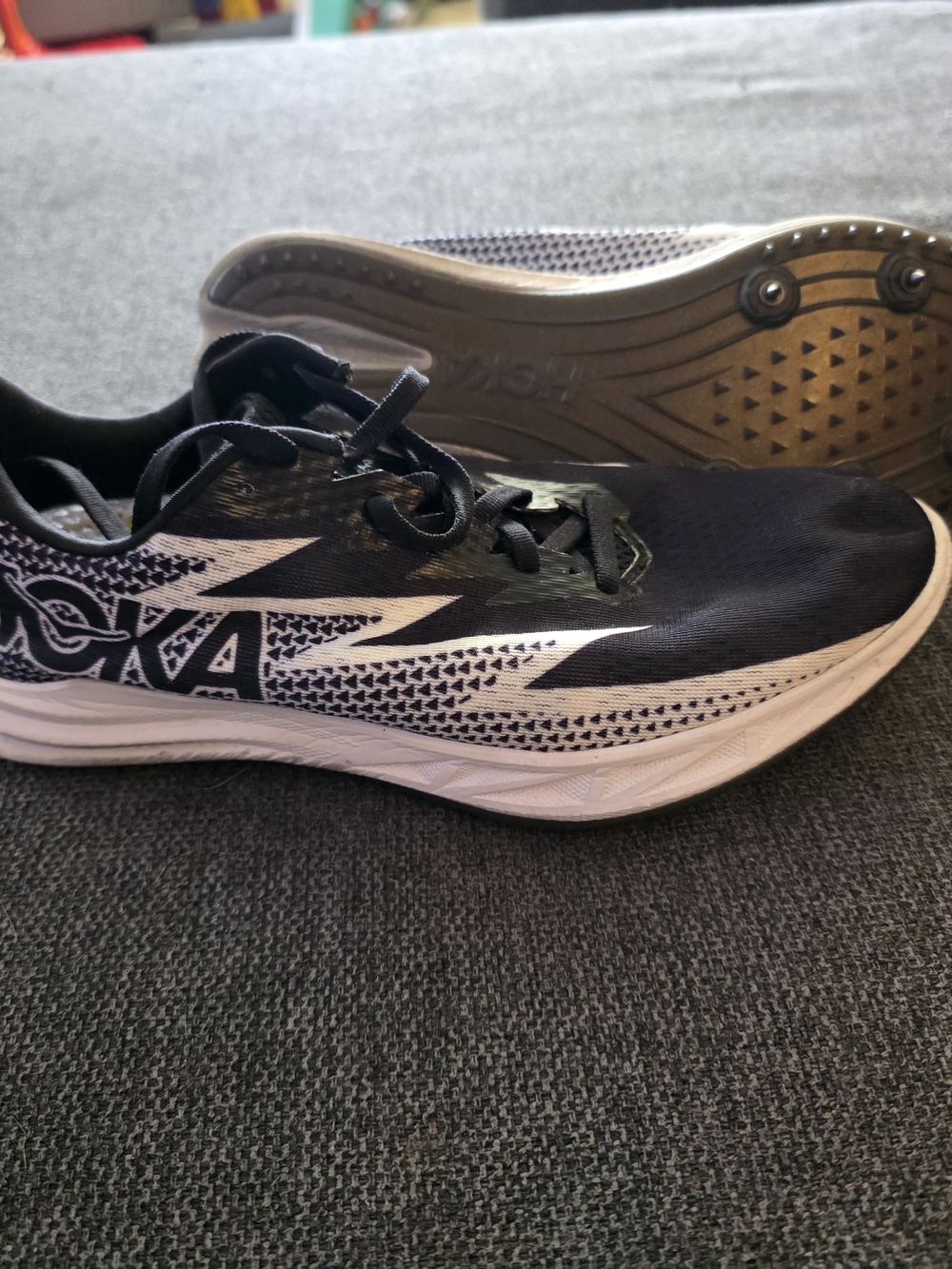 Hoka One One Black and White Athletic Track Shoes With Spikes